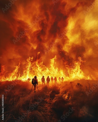 Firefighters walking through a raging wildfire. AI.