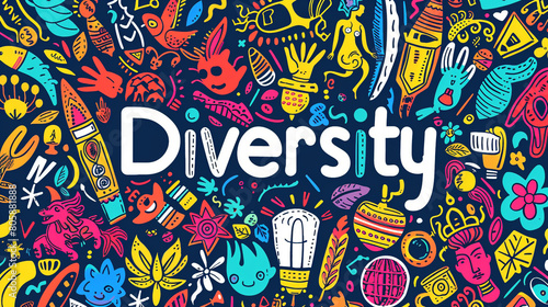 Isolated  Diversity  text surrounded by a mosaic of different cultural symbols  representing inclusivity and variety in society.