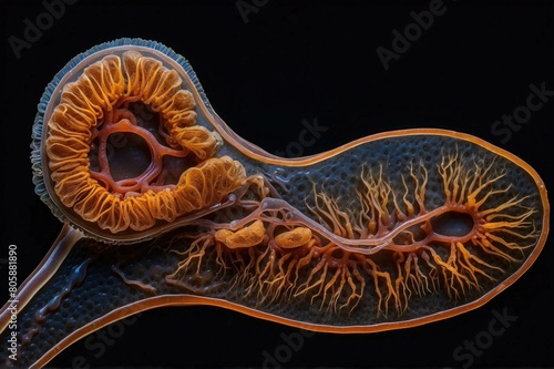 This cross-section of a jellyfish shows the complex network of canals and tentacles that make up its body. AI.