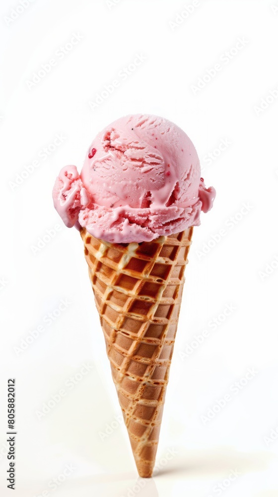 One scoop of strawberry ice cream on a waffle cone isolated on white background.