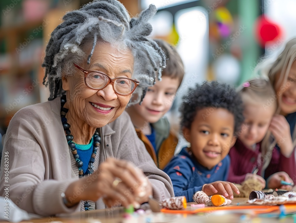 Elderly Grandmother Teaching Traditional Crafts to Children in Community Arts Program Elderly Grandmother Teaching Traditional Crafts to Children in Community Arts Program