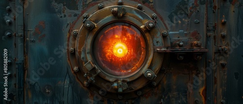 Glowing porthole in a rusty metal wall. AI.