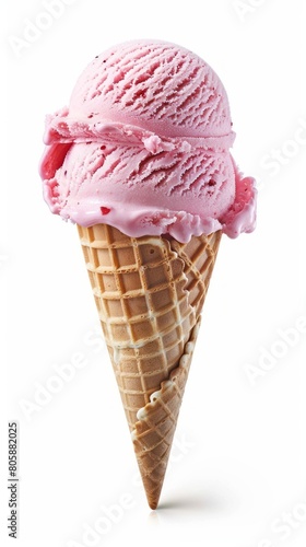 One scoop of strawberry ice cream on a waffle cone isolated on white background.