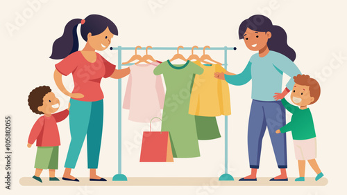 A mother and her two children browse through rows of clothing at a childrens consignment sale the kids pointing out their favorite items while their. Vector illustration