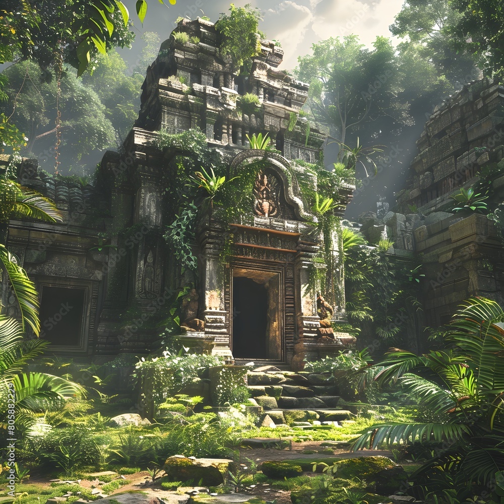 Lush Jungle Temple Overrun with Verdant Vegetation Hiding Ancient Ruins and Lost Magic in a Serene Fantasy Landscape