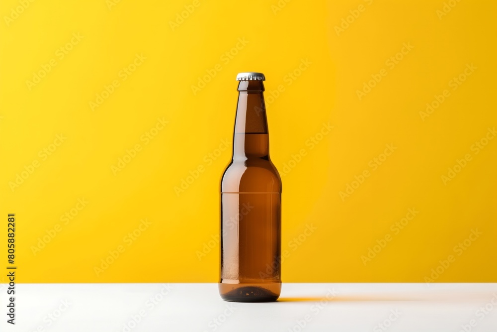 Brown Beer Bottle on Vibrant Yellow Background Brown Beer Bottle on Vibrant Yellow Background