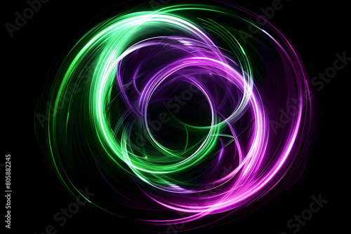 Electric neon swirls with green and purple lighting effects. Abstract artwork on black background.