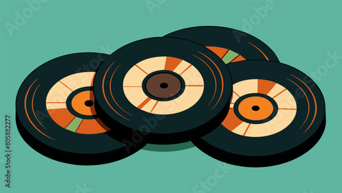 A set of coasters made from sliced vinyl records showcasing the unique grooves and patterns. Vector illustration