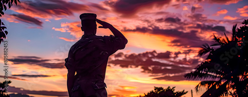 Patriotism. Silhouette of a soldier doing the military salute under a dramatic sky.  photo