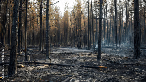 Une forêt avec de la fumée après un incendie.