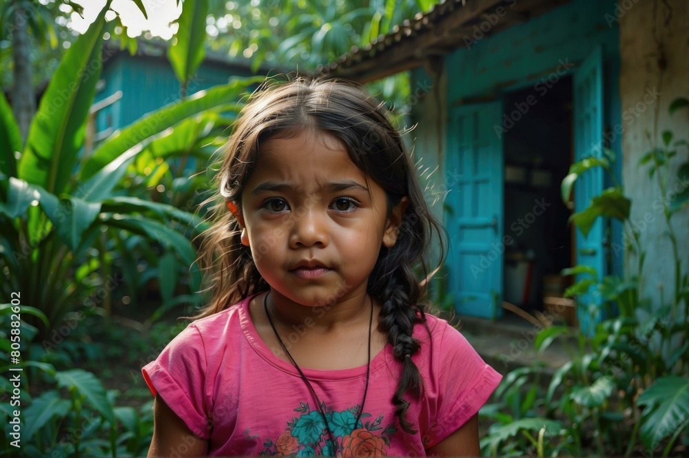 Portrait of a young girl with long dark hair wearing a pink shirt. AI. Portrait of a young girl with long dark hair wearing a pink shirt. AI.