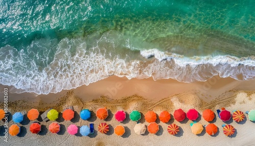 An aerial drone photograph of colorful beach umbrellas lining the shoreline  creating a wavelike pattern on the sand