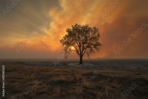 A lone tree stands in a field of burnt grass as the sun sets behind it. AI.