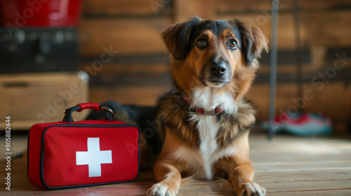 An Attentive Mixed Breed Dog Sits Next to a Compact Red First Aid Kit
