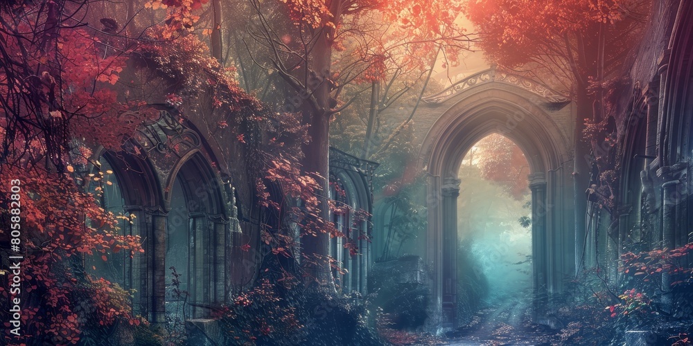 Enchanting Autumn Forest Pathway With Arch Ruins at Twilight