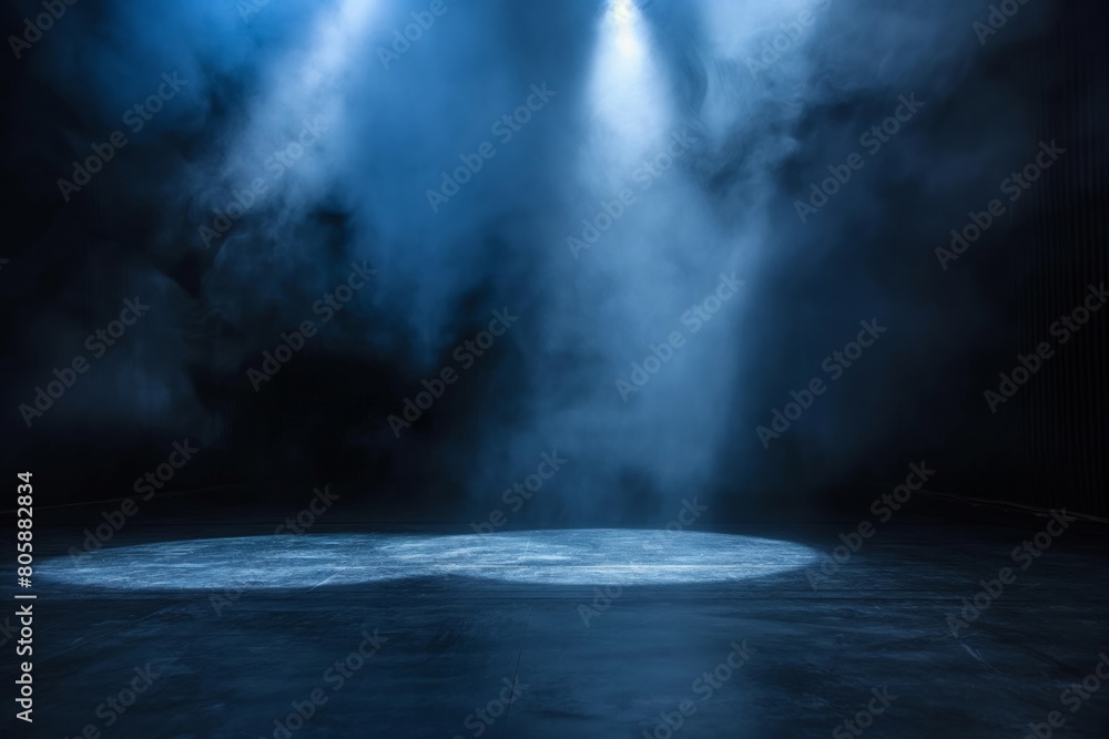Mysterious Blue Spotlight on Dark Stage with Smoke