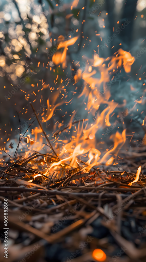 Gros plan sur des brousailles en feu dans une forêt. Gros plan sur des brousailles en feu dans une forêt.