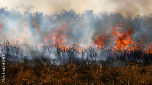 Un incendie de forêt avec des flammes ravageant des bruissons sec.  photo