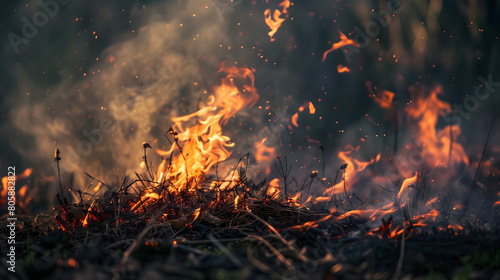 Une flamme dans une forêt lors d'un incendie. photo