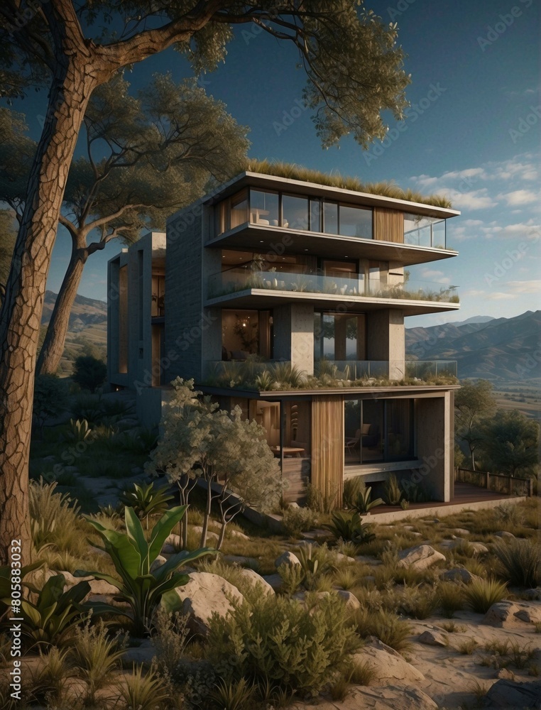 A modern house with a green roof and large windows surrounded by trees and plants. AI. A modern house with a green roof and large windows surrounded by trees and plants. AI.
