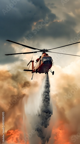 Un hélicoptère déchargeant un grand volume d'eau sur un incendie de forêt.