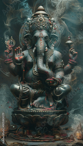 Vertical recreation of Ganesha deity hinduism with spiritual atmosphere around