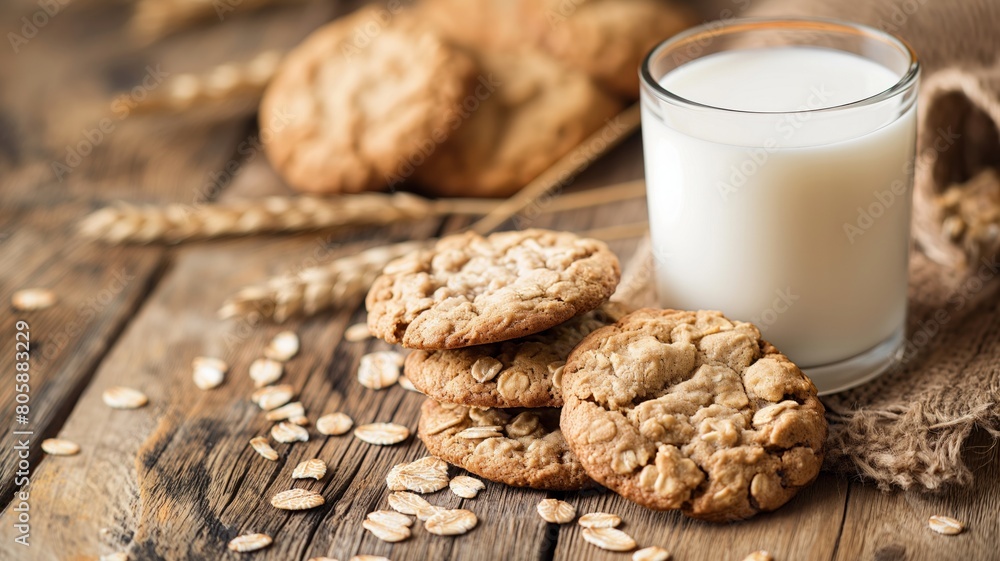Freshly Baked Oatmeal Cookies with Glass of Milk on Rustic Wooden Table. Perfect for food blogs, recipe websites, bakery promotions, and cozy kitchen themes. Freshly Baked Oatmeal Cookies with Glass of Milk on Rustic Wooden Table. Perfect for food blogs, recipe websites, bakery promotions, and cozy kitchen themes.