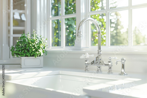 Morning light bathes a pristine kitchen sink beside a verdant windowsill plant. photo