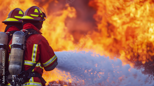 Des pompiers en train d'éteindre un feu de forêt avec une lance à incendie. 