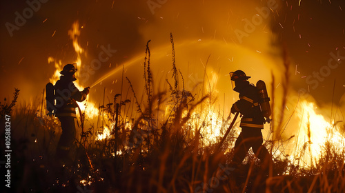 Des pompiers en train de maîtriser un feu de forêt. photo