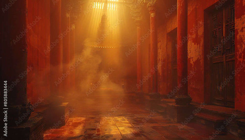 Naklejka premium Recreation of lights and fog inside an ancient buddhist temple