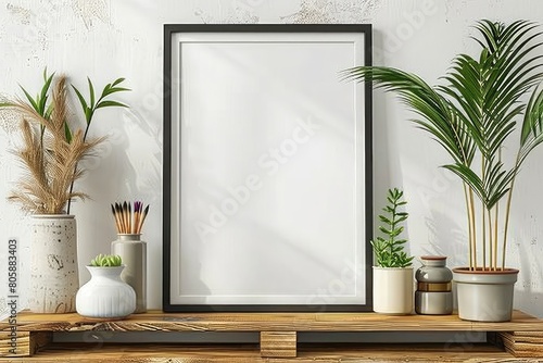 Empty mock up black poster frame on wooden shelf. Interior design of modern living room with white wall and home decor pieces