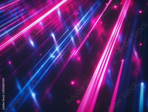 Vibrant neon lights with pink and blue hues creating dynamic diagonal lines.