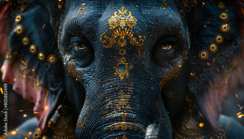 Recreation close up of a elephant head with up as Ganesha hindu deity photo