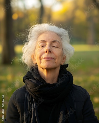 Peaceful Senior Woman Feeling Sunlight in Autumn Park