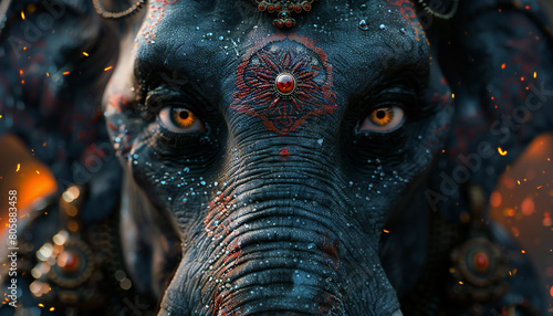 Recreation of frontal of elephant head with ornaments up as Ganesha hindu deity	 photo