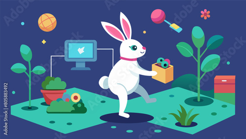 A playful bunny hops around her pen as an AI system detects her boredom and switches to a virtual reality simulation of a lush garden for her to. Vector illustration