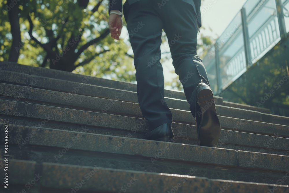 Businessman ascending stone steps in a determined stride towards success.