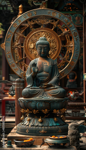Recreation of Wheel of Dharma and a Buddha figure statue