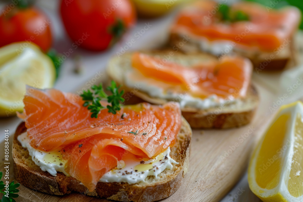 Appetizing smoked salmon on bagels with cream cheese, and parsley. Appetizing smoked salmon on bagels with cream cheese, and parsley.