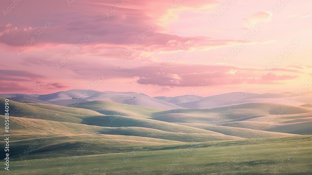 An ethereal landscape of rolling hills under a pastel sky, evoking a sense of peace and serenity An ethereal landscape of rolling hills under a pastel sky, evoking a sense of peace and serenity