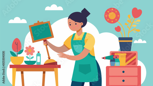 A volunteer using their artistic skills to enhance thrift store items such as painting intricate designs on furniture or adding embellishments to. Vector illustration