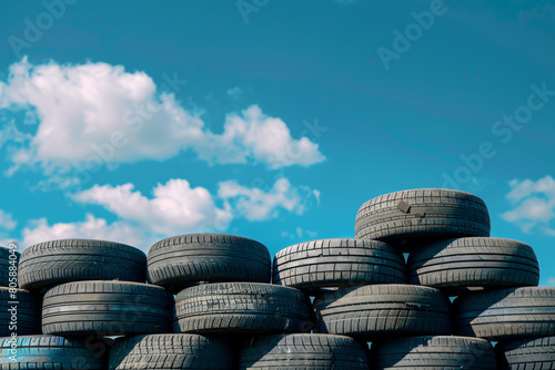 Stacked tires against a clear blue sky, hint of environmental concern.