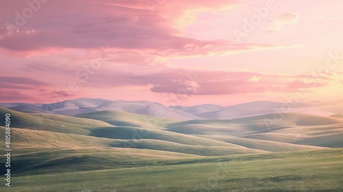 An ethereal landscape of rolling hills under a pastel sky, evoking a sense of peace and serenity