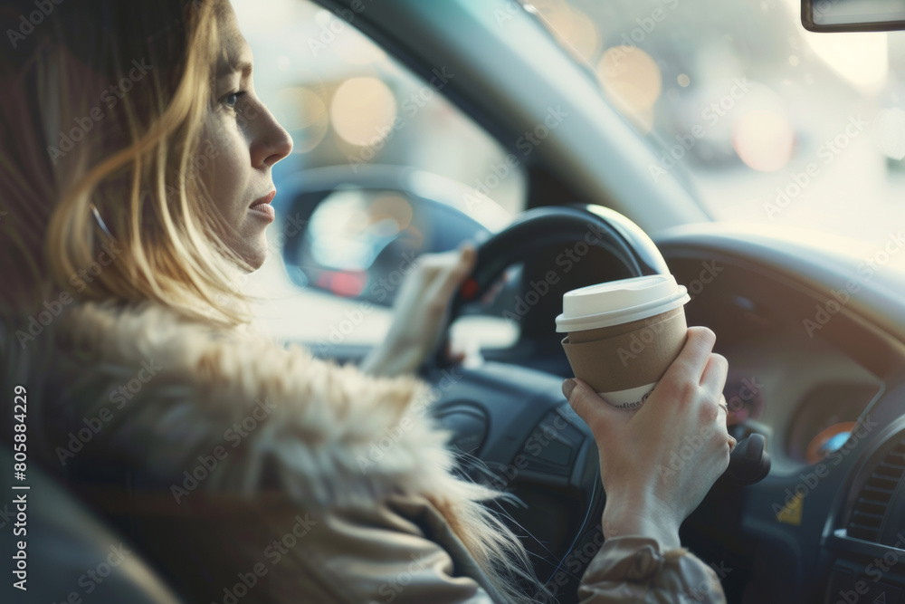 Woman savoring a warm coffee during a tranquil car ride. Woman savoring a warm coffee during a tranquil car ride.