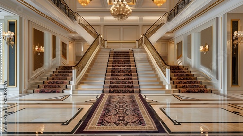 Opulent entrance with a grand staircase and a hand-woven silk runner