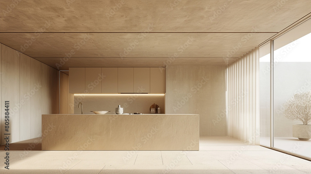 Kitchen designed with a uniform beige ceiling and floor for a cohesive feel.