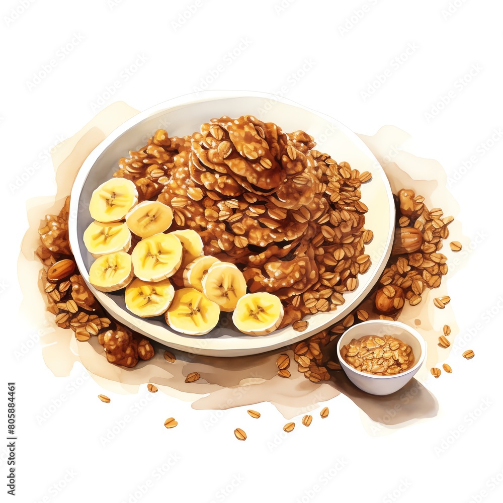 Fototapeta premium Banana Granola watercolor on white background, suitable for crafting and digital design projects