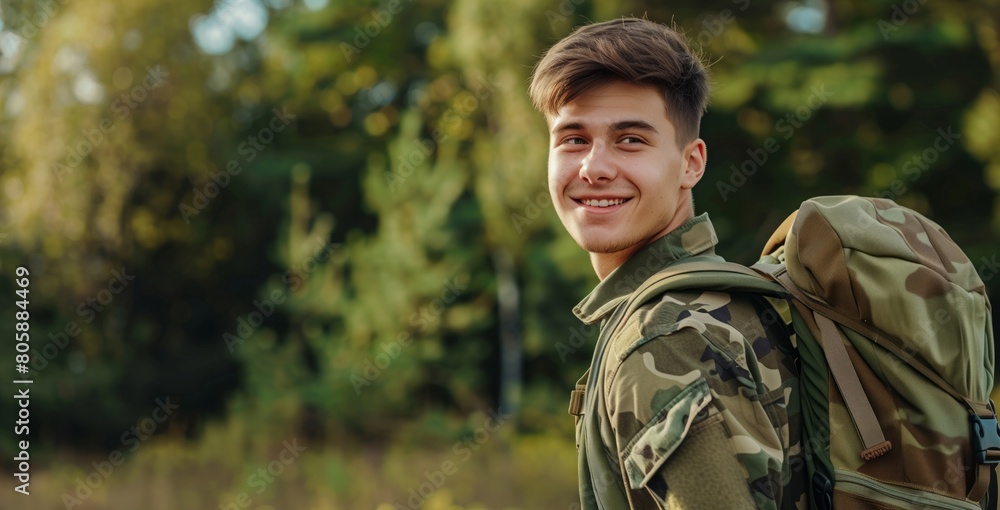 Obraz premium Smiling Soldier in Camouflage Uniform Outdoors