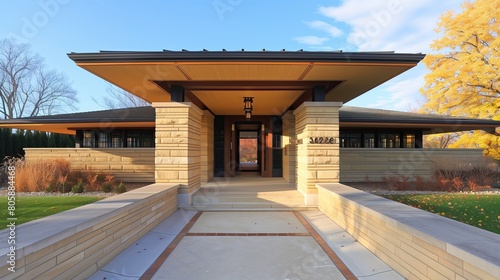 Prairie Style entrance with horizontal lines and a low-pitched roof